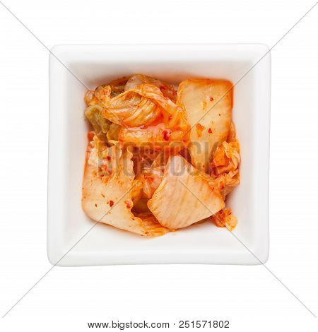 Kimchi In A Square Bowl Isolated On White Background