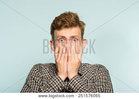 Unbelievable News. Terrified Shocked Dumbfounded Desperate Alarmed Dismayed Man In Distress. Portrai