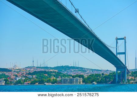 Perspective of Fatih Sultan Mehmet Bridge over Bosporus Strait in Istanbul, Turkey