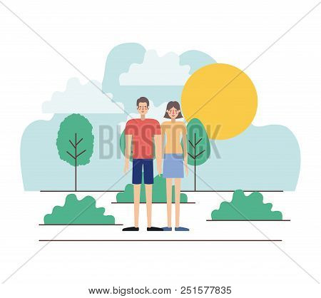 Young Couple Outside Scene Avatars Characters Vector Illustration Design