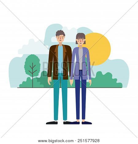 Young Couple Outside Scene Avatars Characters Vector Illustration Design