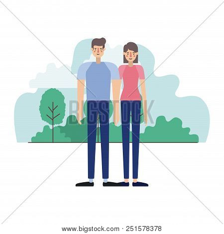 Young Couple Outside Scene Avatars Characters Vector Illustration Design