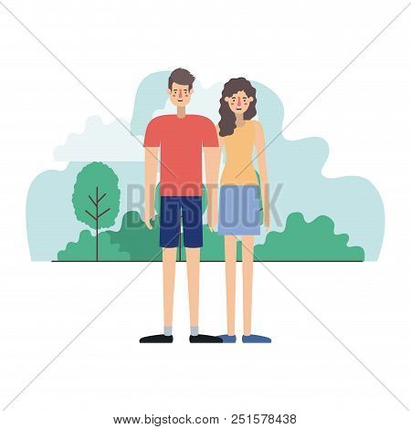 Young Couple Outside Scene Avatars Characters Vector Illustration Design