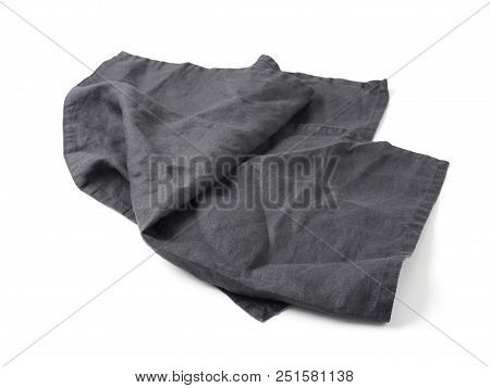 Side View On Dark Black Linen Napkin Isolated On White Background. Anthracite Grey Linen Napkin. Iso