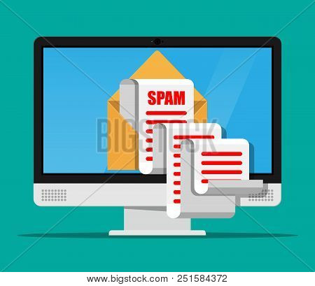Yellow Paper Enevelope And Spam Mail On Computer Screen. Long Emails. Email Box Hacking, Spam Warnin