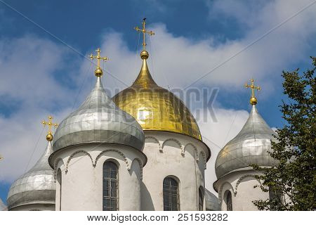 The Domes Of The Church Are In The Sky With Clouds. Summer.