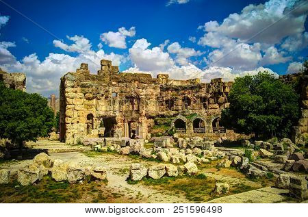 Ruins Of Jupiter Temple And Great Court Of Heliopolis In Baalbek, Bekaa Valley In Lebanon