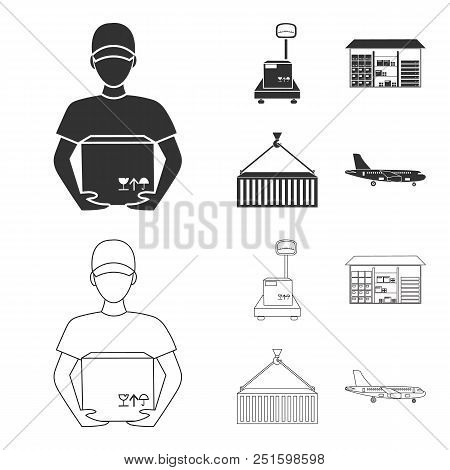 Courier, Scales, Container, Warehouse.logistic, Set Collection Icons In Black, Outline Style Vector 