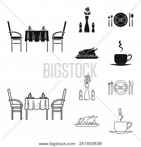 Vase With A Flower, Table Setting, Fried Chicken With Garnish, A Cup Of Coffee.restaurant Set Collec