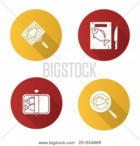 Fish Preparation Flat Design Long Shadow Glyph Icons Set. Canned, Fried, Cutted And Grilled Fish. Ve