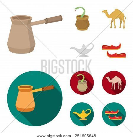 Cezve, Oil Lamp, Camel, Snake In The Basket.arab Emirates Set Collection Icons In Cartoon, Flat Styl