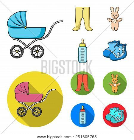 Stroller, Bottle With A Pacifier, Toy, Sliders.baby Born Set Collection Icons In Cartoon, Flat Style