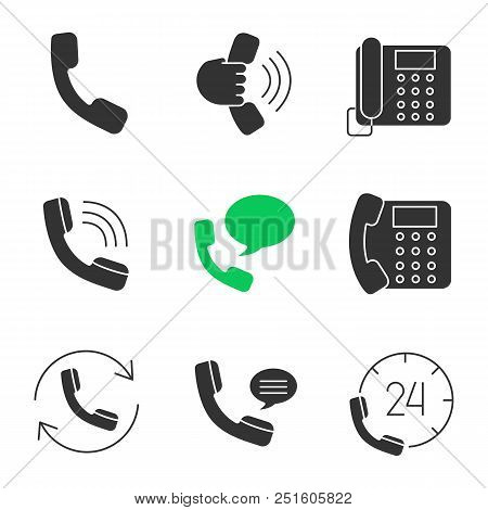 Phone Communication Glyph Icons Set. Handset, Incoming Call, Landline Phone, Voice Message, Call Bac