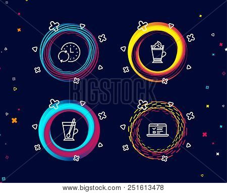 Set Of Latte Coffee, Update Time And Tea Mug Icons. Web Lectures Sign. Hot Drink With Whipped Cream,