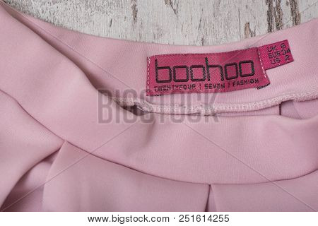 Kharkiv, Ukraine - 20 August 2018: Pink Label Boohoo On Pink Clothes. Close Up