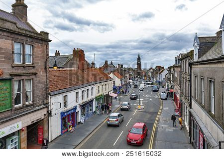 Berwick-upon-tweed, England - April 2018: High Street In Town Center Of Berwick-upon-tweed, Northern