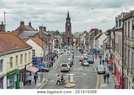 Berwick-upon-tweed, England - April 2018: High Street In Town Center Of Berwick-upon-tweed, Northern