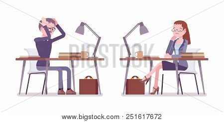 Male And Female Teacher Working In Despair At The Desk. School, Universirty Or College Tired Worker.