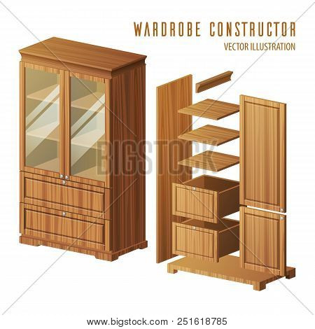Wardrobe Construction Instruction Or Built-in Closet Building Steps With Doors And Shelves, Racks. P