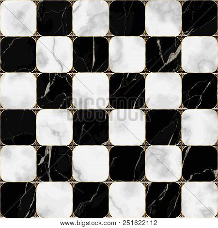 Black And White Marble Seamless Pattern With Abstract Geometric Golden Elements. Repeat Chessboard B