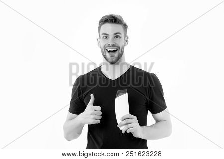 Happy Man Show Thumbs Up To Shampoo Bottle. Bearded Man Smile With Gel Tube Isolated On White Backgr