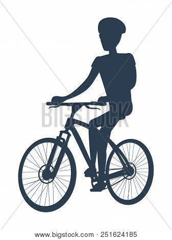 Dark Silhouette Of Cyclist, Vector Illustration With Sportsman On Cute Bike, Man In Special Helmet, 