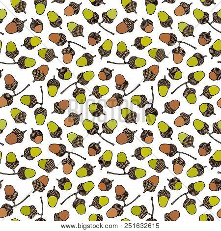 Seamless Endless Pattern Of Green Brown Acorns. Autumn Or Fall Vegetable Harvest Collection. Realist