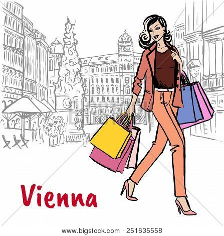 Woman With Shopping Bags In Vienna, Austria. Hand-drawn Illustration. Fashion Sketch