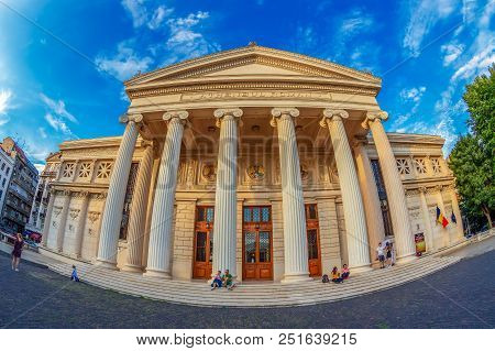 Bucharest,romania-july 17,2018: The Romanian Athenaeum, Built 1886-1888 With 800 Seats,41 M High,6 C