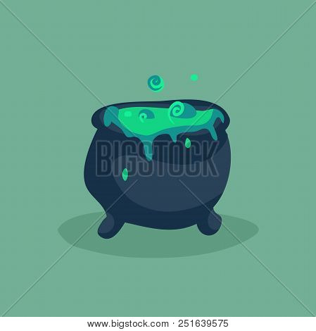 Black Witches Cauldron With Potion. Vector Illustration.