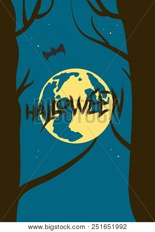 Halloween Poster With Moon Decoration. Happy Halloween Dark Vertical Card. Template For Holiday Desi