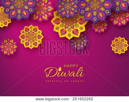 Diwali Festival Holiday Design With Paper Cut Style Of Indian Rangoli. Purple Color Background. Vect