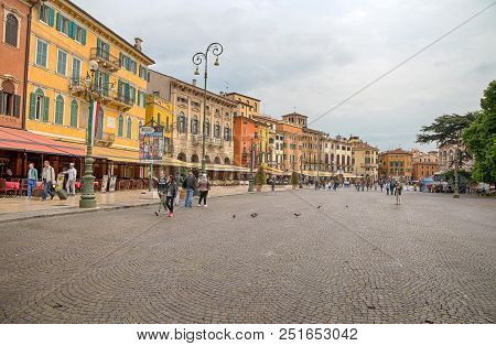 Verona, Italy, April 23, 2016 - View Of Bra Square In The Center Of Verona, Italy
