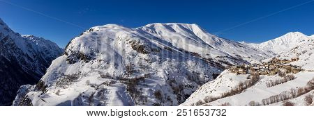 Winter Panoramic View On The Village Of Le Chazelet In The Ecrins National Park. La Grave, Romanche 