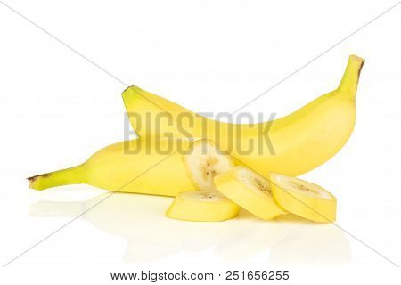 Group Of One Whole One Half Three Slices Of Fresh Yellow Banana Isolated On White Background