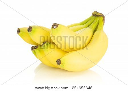 Group Of Six Whole Fresh Yellow Banana One Ripe Cluster Isolated On White Background