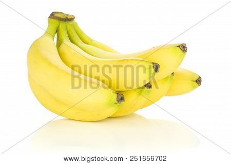 Group Of Six Whole Fresh Yellow Banana One Cluster Flatlay Isolated On White Background