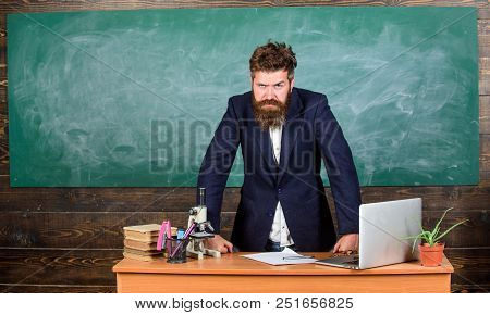 Teacher Interesting Interlocutor As Authority. Teacher Bearded Man Tell Scary Story. Talking To Stud