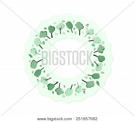 Trees Round Composition Background. Flat Green Trees And Leaves Wreath Design. Template For Card, Ba
