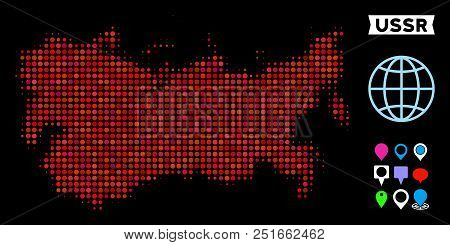 Bright Dot Halftone Ussr Map. Geographic Map In Bright Color Tints On A Black Background. Vector Col