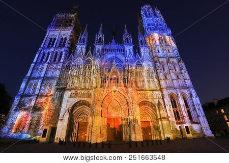 Rouen, France - July 15, 2018 : Light Show On Cathedral Of Notre Dame In The City Rouen, Capital Of 
