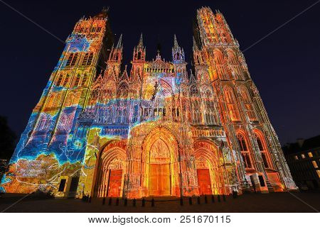 Rouen, France - July 15, 2018 : Light Show On Cathedral Of Notre Dame In The City Rouen, Capital Of 