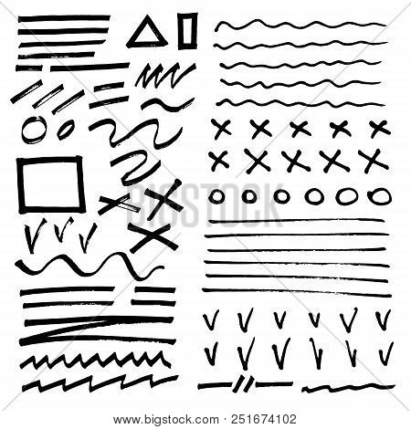 Hand-drawn Brush Raw Textured Shapes. Black Ink Random Hand Drawn Scribbles Set Isolated On White Ba