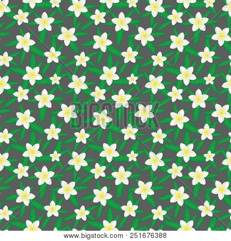 Floral Seamless Pattern. Hawaiian Plumeria Flower And Leaves Seamless Pattern. Floral Print. Dark Ba