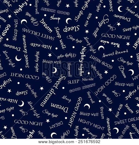 Good Night Pattern. Seamless Print. Blue Background. Vector Illustration. Moon, Stars Textile Print