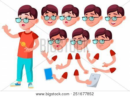 Boy, Child, Kid, Teen Vector. Leisure. Educational, Study. Face Emotions, Various Gestures Animation