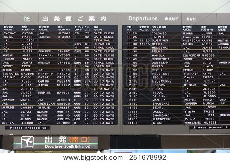 Tokyo, Japan - December 5, 2016: Departures Schedule At Narita Airport Of Tokyo. Narita Airport Is T