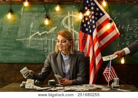 Economy And Finance. Economy Concept With Woman Giving Money To Man