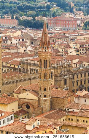 Cityscape From Height, Roofs Of Red Tiles And Narrow Streets Of Florence, Italy.