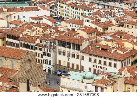 Cityscape From Height, Roofs Of Red Tiles And Narrow Streets Of Florence, Italy.